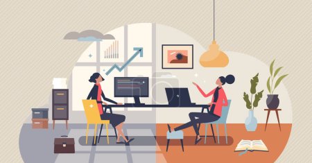Hybrid work mode with split time for office and working from home tiny person concept. Switch location for job tasks as flexible lifestyle and business approach vector illustration. Distant workplace.