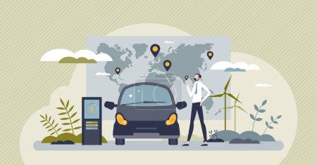 Ilustración de EV charging stations network with plug in recharge map tiny person concept. Global power grid for electric vehicles with supercharger infrastructure vector illustration. Battery supply coverage. - Imagen libre de derechos