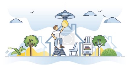 Illustration for Installing lights and screwing lightbulbs for lighting outline concept. Home electricity repair tasks for indoor home safety vector illustration. Husband technician work for DIY lamp installation. - Royalty Free Image