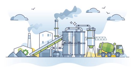 Illustration for Cement factory for concrete material supply and production outline concept. Manufacturing building element with storage cistern tank, mixer vehicle and large produce plant pipeline vector illustration - Royalty Free Image