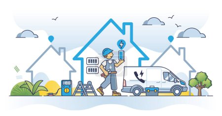 Illustration for Electrician worker as electricity repair expert occupation outline concept. Work with lighting wiring, power supply installation and voltage specialist vector illustration. Energy handyman technician - Royalty Free Image
