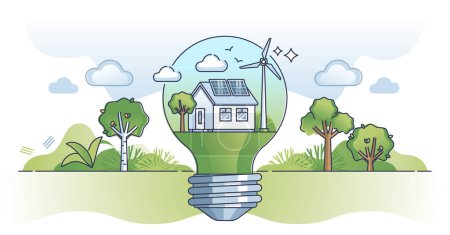 Nature energy and green, alternative electricity consumption for house lighting outline concept. Environmental, sustainable and climate friendly power usage for smart home supply vector illustration.