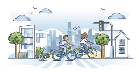 Téléchargez les illustrations : Commuting by bicycle as urban transport from home to work outline concept. Green transportation lifestyle with daily driving by bike vector illustration. Healthy and nature friendly car alternative. - en licence libre de droit