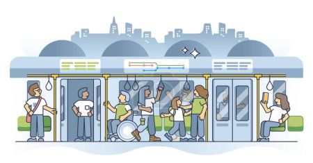 Téléchargez les illustrations : Commuting by metro and use urban underground subway service outline concept. Ride from home to work with public transportation as alternative and nature friendly car alternative vector illustration. - en licence libre de droit
