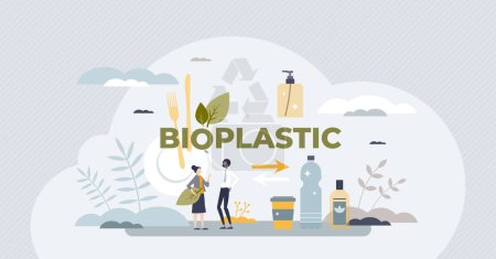 Téléchargez les illustrations : Bioplastics material usage for recyclable eco packaging tiny person concept. Green and ecological bio plastics material with biodegradable bottles vector illustration. Reuse trash to save environment - en licence libre de droit