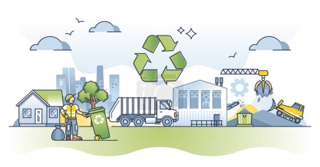 Ilustración de Waste management with trash collection, sorting and handling outline concept. Garbage and rubbish conservation, segregation and renewable processing vector illustration. Reduce litter and save nature - Imagen libre de derechos