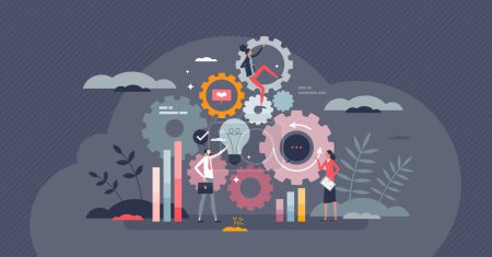 Ilustración de Business operation workflow and process management tiny person concept. Company organization, control and monitoring with effective work flow vector illustration. Performance efficiency stats report. - Imagen libre de derechos