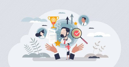 Téléchargez les illustrations : Employee talent management and career development tiny person concept. Professional job opportunity from company human resources vector illustration. Best successful sales leader with high ambitions. - en licence libre de droit