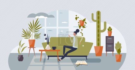 Ilustración de Biophilic design with green potted indoor house plants tiny person concept. Stylish apartment interior decorations with botanical and natural floral elements vector illustration. Cozy home style. - Imagen libre de derechos