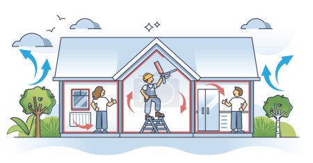 Ilustración de Air sealing and home insulation with foam to save energy outline concept. Waste and ineffective warmth saving job with professional building hot air leakage vector illustration. Effective heating. - Imagen libre de derechos