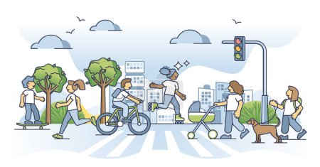 Téléchargez les illustrations : Active transportation with healthy activity for mobility outline concept. Nature friendly and sustainable city lifestyle without car and emissions vector illustration. Urban ride with bicycle or walk - en licence libre de droit