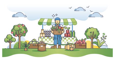 Ilustración de Farmers marker and local food offer direct from grower outline concept. Fresh, green and ecological grocery products from domestic eco supplier vector illustration. Outdoor bazaar and shop kiosk. - Imagen libre de derechos