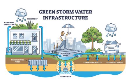 Téléchargez les illustrations : Green storm water infrastructure with rain absorption methods outline diagram. Labeled educational scheme with stormwater harvesting, underground filter and storm drain examples vector illustration. - en licence libre de droit