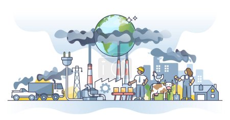 Illustration for Generating greenhouse gases and CO2 pollution in urban city outline concept. Polluted air from burning fossil fuels, power manufacturing, transportation exhaust and agriculture vector illustration. - Royalty Free Image