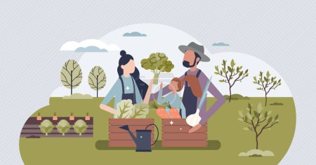 Ilustración de Sustainable lifestyle family with organic food growing tiny person concept. Nature friendly, sustainable and environmental countryside with local food harvest for healthy eating vector illustration. - Imagen libre de derechos