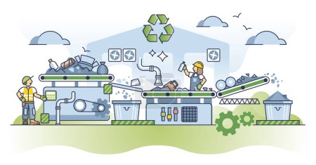 Illustration for Waste processing facility with garbage conveyor belt work outline concept. Worker with litter sorting, segregation and handling tasks vector illustration. Sustainable recycling process in landfill. - Royalty Free Image