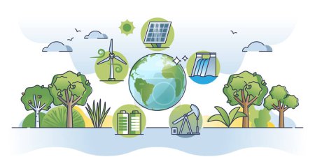 Ilustración de Energy sources collection with oil, solar wind or hydro power outline concept. Various methods to get electricity from nature resources vector illustration. Green and renewable or fossil extraction. - Imagen libre de derechos