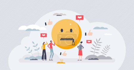 Téléchargez les illustrations : Social media censorship and free speech restriction tiny person concept. Opinion expression limitation with ban or mute on comments or article posts vector illustration. Cancel culture as closed mouth - en licence libre de droit