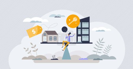 Illustration for Buying vs renting property as real estate choice options tiny person concept. Choose rental method or purchase home vector illustration. Compare benefits for building ownership or apartment mortgage. - Royalty Free Image