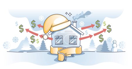 Illustration for Weatherization or weatherproofing house for efficiency outline concept. Reduce heating cost with thermal insulation and efficient home weatherproofing vector illustration. Save finances for heating. - Royalty Free Image