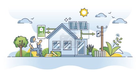 Illustration for Solar panel energy savings for power economy calculation outline concept. Green, sustainable and nature friendly renewable electricity source with smart sun collector system vector illustration. - Royalty Free Image