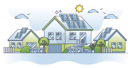Téléchargez les illustrations : Solar powered residential house with alternative power source outline concept. Electricity supply with sun cells as ecological, sustainable and nature friendly rooftop solution vector illustration. - en licence libre de droit
