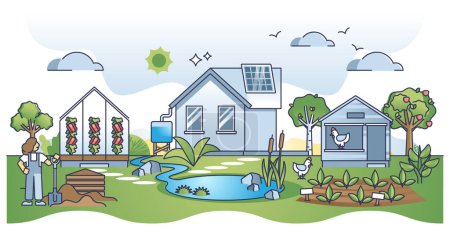 Téléchargez les illustrations : Permaculture homestead as organic self sufficient farming outline concept. Ecological lifestyle with green landscape, nature friendly power source, water systems and animals growth vector illustration - en licence libre de droit