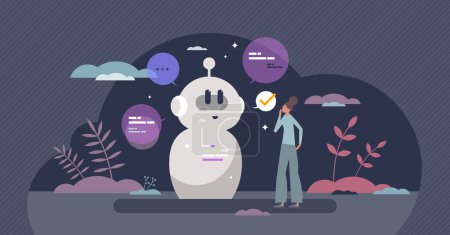 Téléchargez les illustrations : Chatbot answering user prompts with AI communication tiny person concept. Chat bot technology for customer support and automatic help center vector illustration. Digital communication with text app. - en licence libre de droit