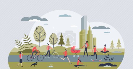 Téléchargez les illustrations : Active transportation city and healthy sport activity tiny person concept. Alternative transport without vehicles for green, sustainable and nature friendly urban environment vector illustration. - en licence libre de droit