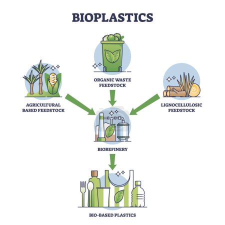 Ilustración de Proceso de reciclaje de residuos bioplásticos desde la basura hasta el esquema de productos. Esquema educativo etiquetado con materia prima orgánica, unidad de biorrefinería e ilustración de vectores de botellas de plástico a base de bio. - Imagen libre de derechos