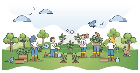 Illustration for Reforestation project and tree plant environmental volunteers outline concept. Work with organic seedling and forest cultivation for sustainable and nature friendly environment vector illustration. - Royalty Free Image