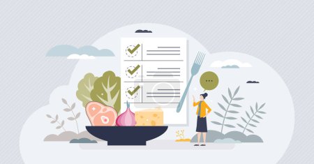 Illustration for Healthy meal planning with daily food ingredients list tiny person concept. Weekly eating schedule with plan for slimming, detox and wellness vector illustration. Calories counting and diet program. - Royalty Free Image