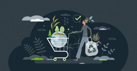 Téléchargez les illustrations : Eco consumer as responsible customer with green lifestyle tiny person concept. Zero waste choices to save planet water and resources vector illustration. Ecological and biological shopping in market. - en licence libre de droit