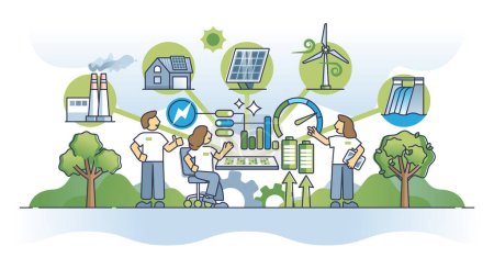 Smart grid station with renewable and green electricity power outline concept. Distributed network with solar panels, wind turbines or hydro power units vector illustration. Sustainable system control