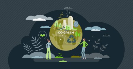 Téléchargez les illustrations : Go green and use recyclable nature friendly resources tiny person concept. Planet saving awareness community with green society thinking vector illustration. Alternative energy and wind power usage. - en licence libre de droit