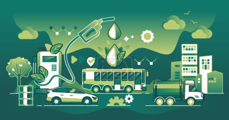 Téléchargez les illustrations : Biofuel as green and renewable alternative for vehicles dark outline concept. Nature friendly and green gas station with oil droplet as environmental and more sustainable solution vector illustration - en licence libre de droit