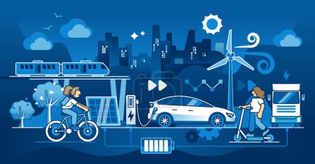 Illustration for Environment friendly electric transport with renewable power source outline concept. EV car usage as sustainable and nature friendly fuel alternative vector illustration. Ecological urban lifestyle. - Royalty Free Image