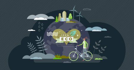 Sustainable environment and ecological society lifestyle tiny person concept. Nature friendly and green thinking as alternative energy usage and recyclable material consumption vector illustration.