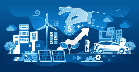 Illustration for Renewable energy investment with financial funding dark outline concept. Alternative and recyclable power sources, electrical vehicles and solar or wind electricity development vector illustration. - Royalty Free Image