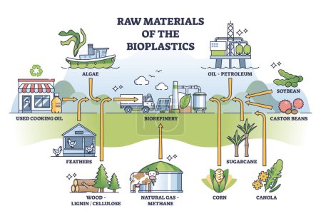 Téléchargez les illustrations : Raw materials of bioplastics as natural and ecological source outline diagram. Labeled educational scheme with organic and recyclable plastic ingredients for biorefinery factory vector illustration. - en licence libre de droit