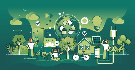 Illustration for Zero waste or sustainable living as ecological lifestyle dark outline concept. Renewable resources consumption and effective alternative power usage vector illustration. Nature friendly thinking. - Royalty Free Image