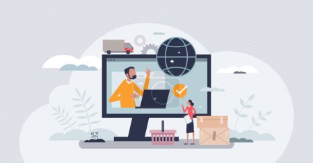 Illustration for Procurement occupation for supply and demand planning tiny person concept. Work with inventory, suppliers and distribution monitoring vector illustration. Purchase price and contracting analysis. - Royalty Free Image