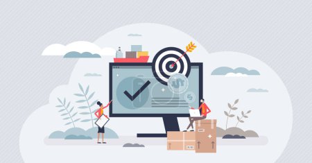 Ilustración de Procurement process as purchase price or shipping control tiny person concept. Supplier contracting and supply chain management for effective product flow vector illustration. Price negotiation deal. - Imagen libre de derechos