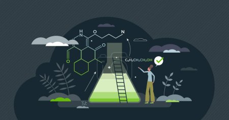 Illustration for Green chemistry with focus to reduce hazardous substances tiny person concept. Chemical research and engineering for nature friendly, sustainable and environmental product design vector illustration. - Royalty Free Image