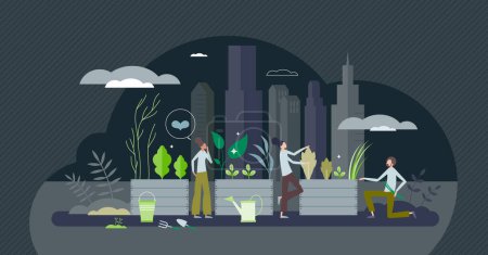 Ilustración de Sustainable city gardening and urban plant growing tiny person concept. Green, environmental and nature friendly hobby to grow your own food for eating vector illustration. Ecological botany at town. - Imagen libre de derechos