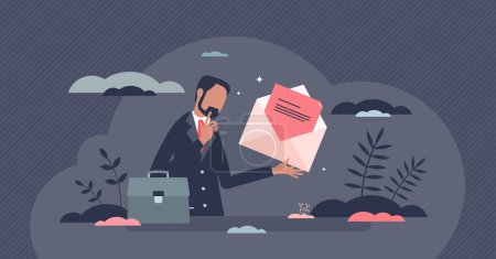 Illustration for Pink slip as letter for fired employee with job loss tiny person concept. Company staff discharge, career failure and leaving business vector illustration. Jobless manager with formal dismiss letter. - Royalty Free Image