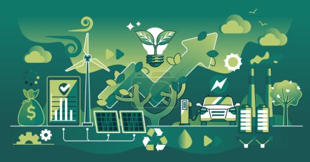 Téléchargez les illustrations : Sustainable green business with sustainable principles dark outline concept. Company with environmental, nature friendly and recyclable resources usage vector illustration. Eco financial development. - en licence libre de droit