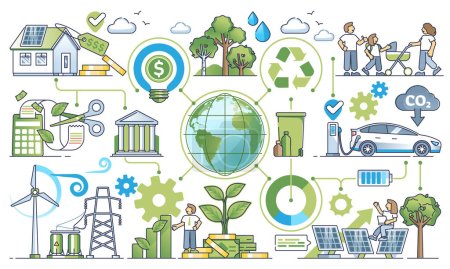 Illustration for Social responsible investing and nature friendly funding outline concept. Elements with sustainable, environmental and green electricity source and renewable resources consumption vector illustration - Royalty Free Image
