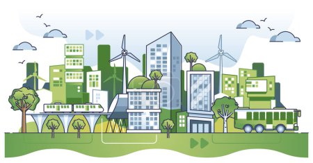 Téléchargez les illustrations : Sustainable green city with alternative and ecological power usage outline concept. Modern future environment without global warming, CO2 pollution and clean climate awareness vector illustration. - en licence libre de droit