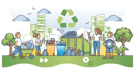 Téléchargez les illustrations : Community cleanup event with city trash collecting activity outline concept. Volunteer group project from local environment to separate garbage for recycling vector illustration. Public care and unity - en licence libre de droit